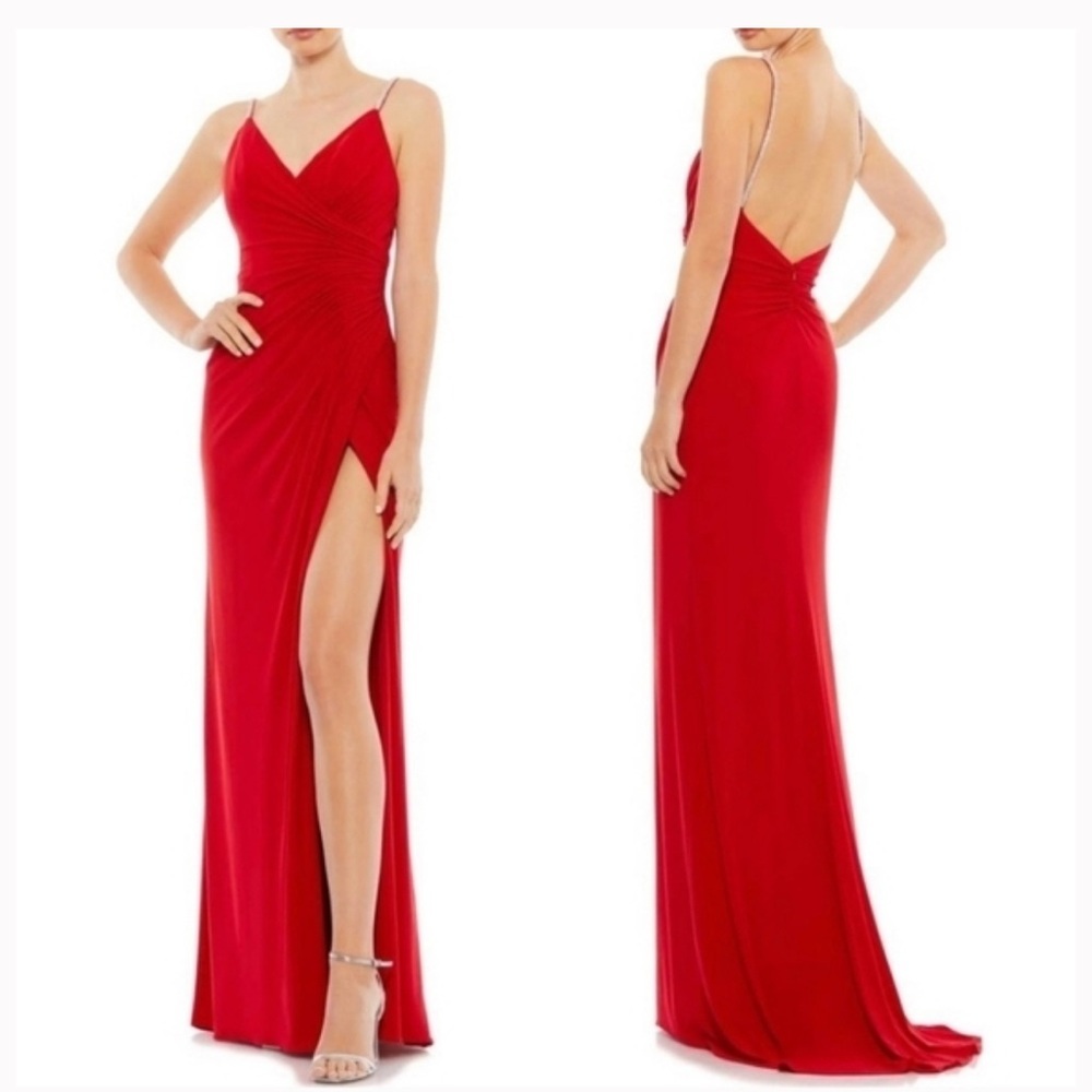 Mac Duggal Womens 26695 Crystal Strap Ruched Red Jersey Maxi Gown Dress NWT SZ 0